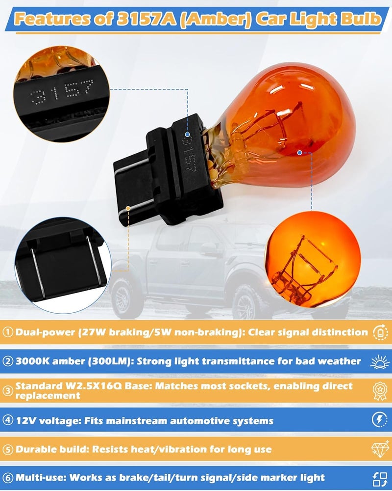 IWIWE 3157A (Amber) Auto Light Bulb 10 Pack – Compatible with 3047/3057/3157LL/3157K/3457/3757/4057/4157, for Cars/Trucks/SUVs (Brake/Tail/Side Marker/Turn Signal Lights) - Image 3
